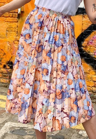 VINTAGE 70S SKIRT PLEATED IN PASTEL COLOUR FLOWER PATTERN