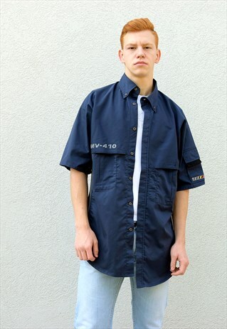 VINTAGE 90S SHORT SLEEVE UTILITY SHIRT IN BLUE