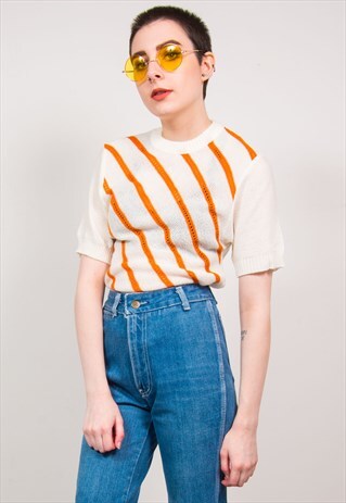 VINTAGE 70'S WHITE & ORANGE STRIPED KNIT TOP