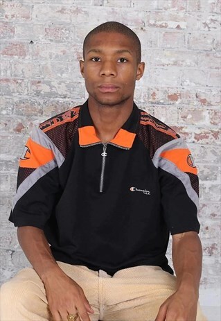 VINTAGE CHAMPION TAPE LOGO 1/4 ZIP POLO SHIRT BLACK ORANGE