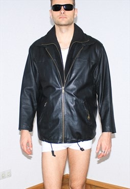 Vintage 90s warm collar leather jacket in black