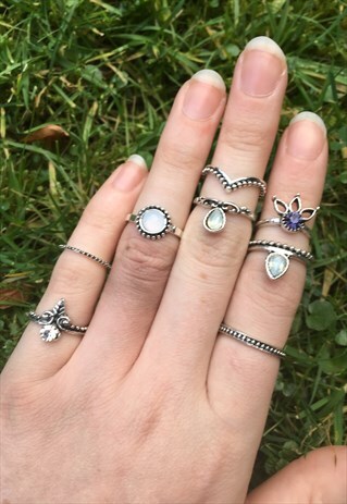 WOMENS BOHO FLORAL GEM SILVER COLOUR SET OF RINGS MIDI RING