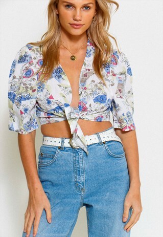 VINTAGE 90'S REWORKED PRINTED TIE FRONT BLOUSE