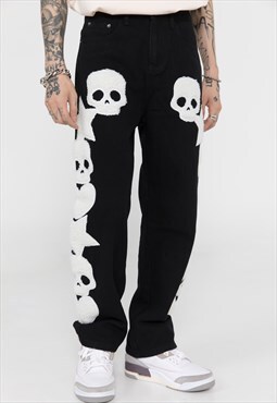 Skull patch jeans star fleece applique denim pants in black