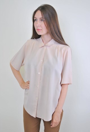 VINTAGE BEIGE MINIMALIST SHORT SLEEVE BLOUSE FOR WORK