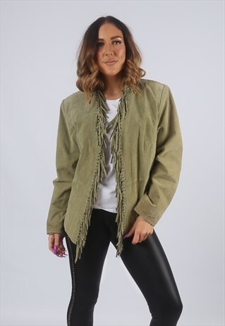 VINTAGE SUEDE LEATHER TASSEL JACKET FRINGE UK 12 M (K2V)