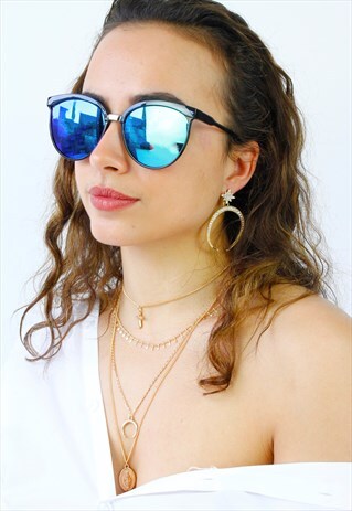 BLACK FRAME BLUE MIRROR LENS SUNGLASSES