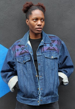 1980'S DENIM JACKET WITH AZTEC PRINT PANELS