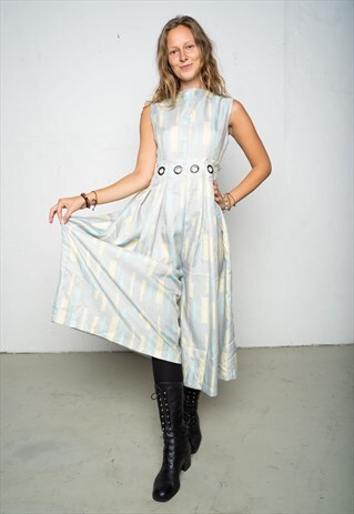 GREY YELLOW GEOMETRICAL PATTERN SLEEVELESS PLEATED JUMPSUIT
