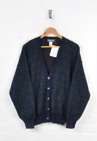 VINTAGE KNITTED CARDIGAN 80S PATTERN NAVY/RED MEDIUM