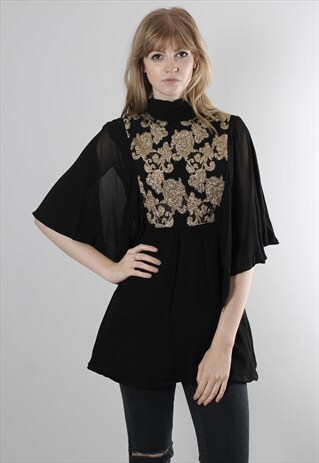 VINTAGE 80S HIGH NECK CHIFFON BLACK GOLD TEXTURED TOP TUNIC
