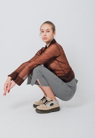 VINTAGE 90S CROP CHECKERED TROUSERS WITH SIDE SLIT IN GREY