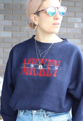 VINTAGE 1990S MICKEY EMBROIDERED SPELLOUT DAISY NAVY FLEECE