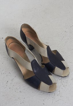 Vintage Navy Beige Leather Heel Sandals
