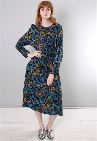 VINTAGE 80S CRAZY LEOPARD PRINT PATTERNED MIDI DRESS