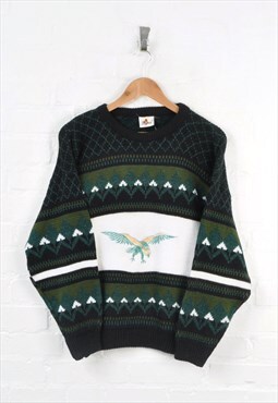 Vintage Knitwear Jumper Eagle Embroidered Green Small