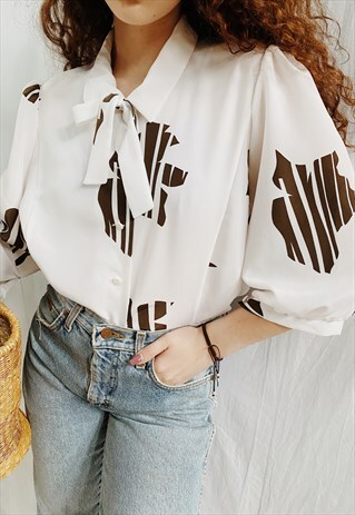 VINTAGE 70S LUXE ABSTRACT MILKMAID BALLOON SLEEVE BLOUSE TOP