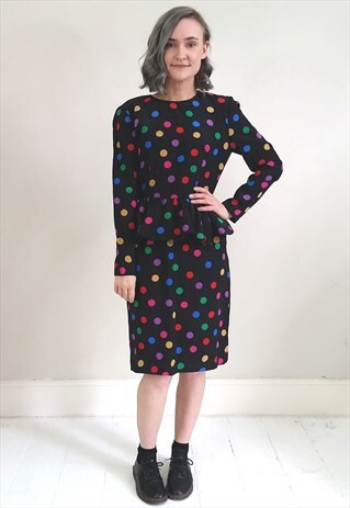 VINTAGE 80'S BLACK SPOTTED SILK PEPLUM SHIFT DRESS