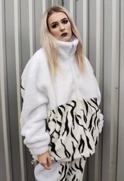 Grunge fleece bomber handmade Gothic zebra jacket in white