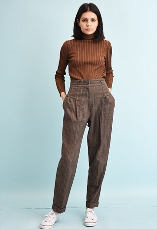 90'S RETRO HIGH WAIST WOOL STRIPED TAPERED TROUSERS