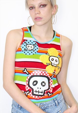DSQUARED STRIPED SKULLS SEQUIN PUNK RED TANK CROPPED TOP