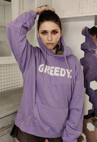 LOOSE FIT OVERSIZE TOP GREEDY SLOGAN DROP SHOULDER HOODIE