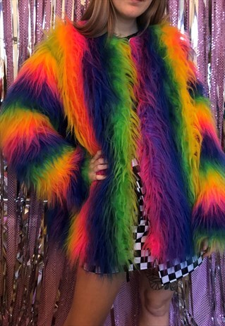 RAINBOW LONG FAUX FUR COAT