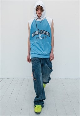 90's Vintage cool hooded vest top in baby blue & white