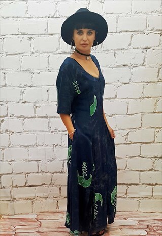 VINTAGE DARK BLUE PRINT SHORT SLEEVED DRESS