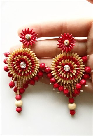 DANGLING CHUNKY BIG RED EARRINGS ZERO WASTE RECYCLE MATERIAL