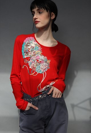 VINTAGE 90S KENZO JUNGLE RED PRINT BLOUSE TOP