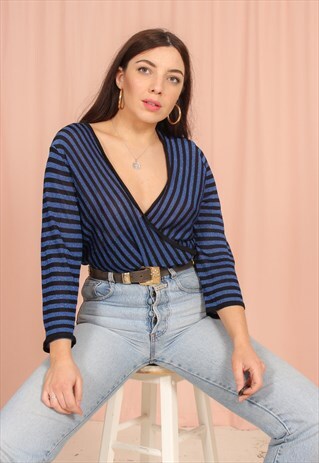 VINTAGE 80S BLACK WRAP JUMPER IN STRIPED LUREX