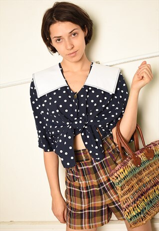 90'S RETRO POLKA DOT PARIS CHIC BLOUSE TOP IN NAVY BLUE