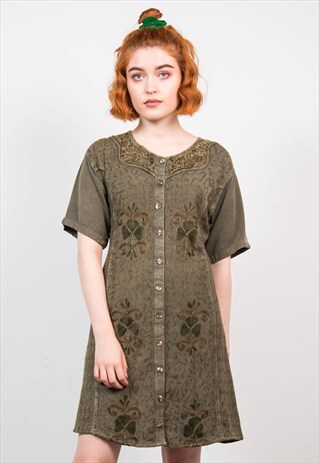 VINTAGE 90'S GREEN BOHO STYLE MINI DRESS