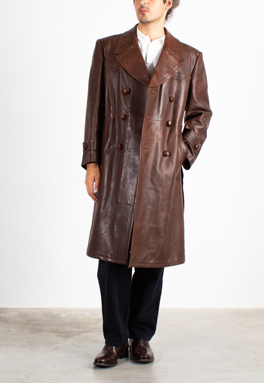 Mens double breasted leather hotsell trench coat