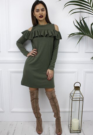 NEW WOMENS LADIES KHAKI COLD SHOULDER FRILL RUFFLE DRESS
