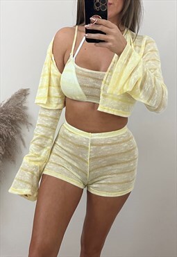 Three Piece Shorts Set in Fine Lemon Stripe Knit