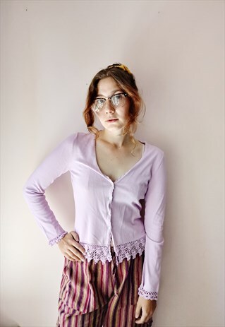90S PASTEL LILAC FESTIVAL FRILLY LACE SUMMER INDIE CROP TOP