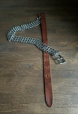 70's Vintage Brown Leather Silver Metal Chain Belt