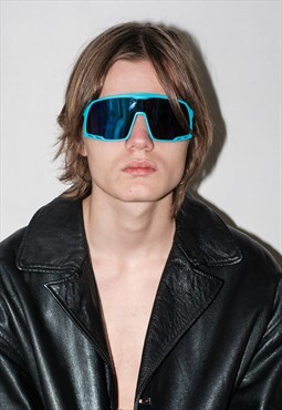Y2K techno huge visor sunglasses in turquoise & blue sheen