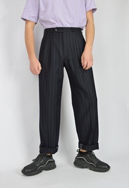 Vintage black striped classic straight wool suit trousers