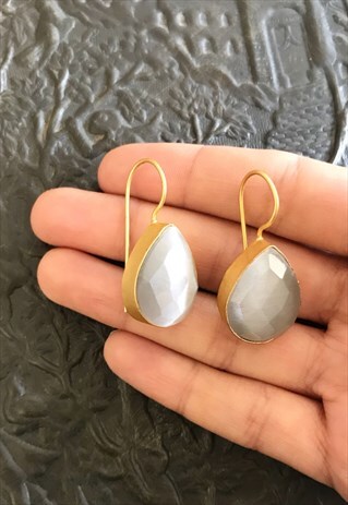 BRASS GOLD PEAR DROP EARRINGS FAUX GREY MOONSTONE GEMSTONE