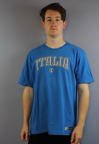 VINTAGE CHAMPION T SHIRT IN BLUE WITH EMBROIDERED ITALIA LOG