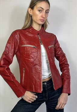 Vintage Y2k Red Leather Biker Jacket Dual Zip Racing