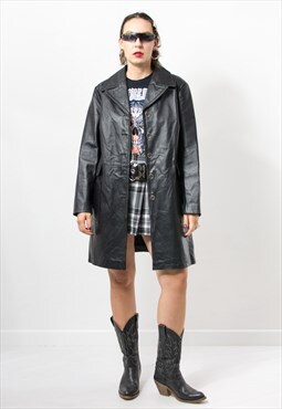 Vintage leather jacket in black trench women size XXL