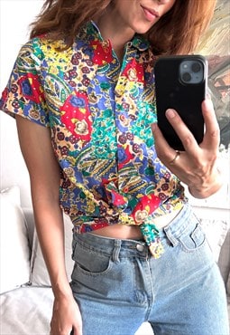 80s Colorful Floral Shirt - S