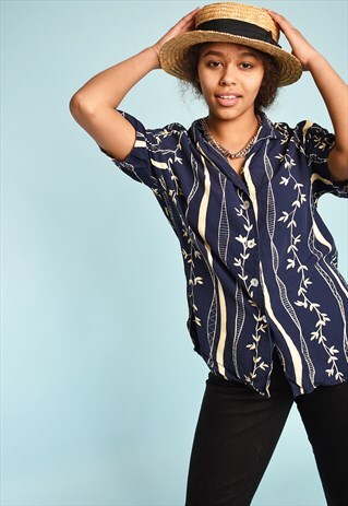 90'S RETRO FLORAL PRINT NAVY MINIMALIST BLOUSE TOP