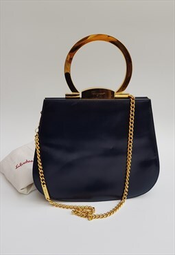  Vintage Navy Blue Leather Shoulder Bag