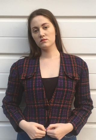 WOMENS VINTAGE 80S JACKET CHECK PURPLE TARTAN BLAZER BLOUSE