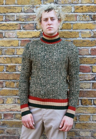 VINTAGE 70S GREEN CABLE KNIT TURTLE NECK JUMPER
